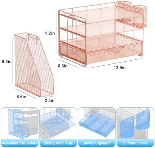 gianotter Desk Organizers and Accessories with File Holder, 4-Tier Desk Accessories & Workspace Organizers with Drawer and 2 Pen Holder, Paper
