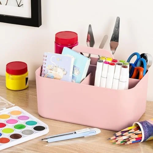 Multiuse Caddy Organizer with Handle - Portable Divided Plastic Tote Bin - Art Craft, Stationary Pen Marker Crayons, Makeup Hair Supplies Storage