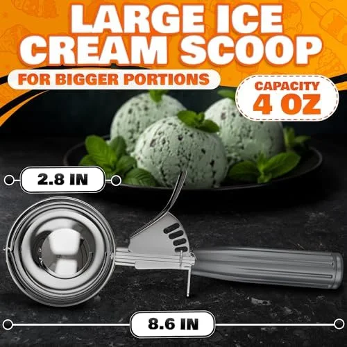 4 oz Large Ice Cream Scoop with Trigger Release #8 - Stainless Steel Cookie Scoop for Baking, Ice Cream & Cookie Dough, Comfort Grip Handle, Easy