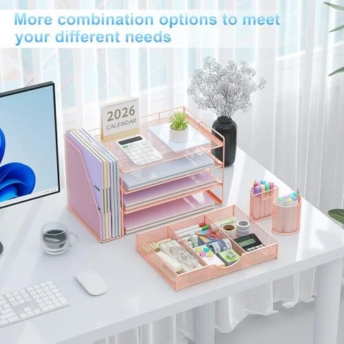 gianotter Desk Organizers and Accessories with File Holder, 4-Tier Desk Accessories & Workspace Organizers with Drawer and 2 Pen Holder, Paper