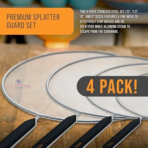 U.S. Kitchen Supply 4-Piece Stainless Steel Splatter Guard Set (13", 11.5", 10", 8”) Fine Mesh Cover, Grease & Oil, Splatter Screen for Frying Pan