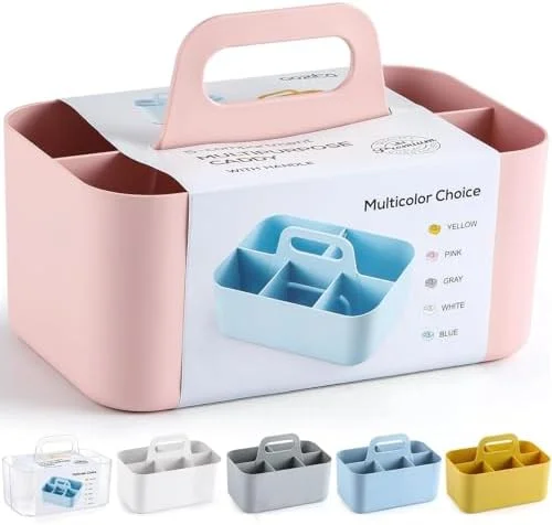 Multiuse Caddy Organizer with Handle - Portable Divided Plastic Tote Bin - Art Craft, Stationary Pen Marker Crayons, Makeup Hair Supplies Storage
