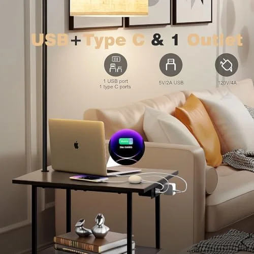 PESRAE Floor Lamp with Table, End Tables with Charging Station(USB & Type-C & AC Port), 3 Color Temperatures 9W LED Bulb, Modern Shelves Side Table