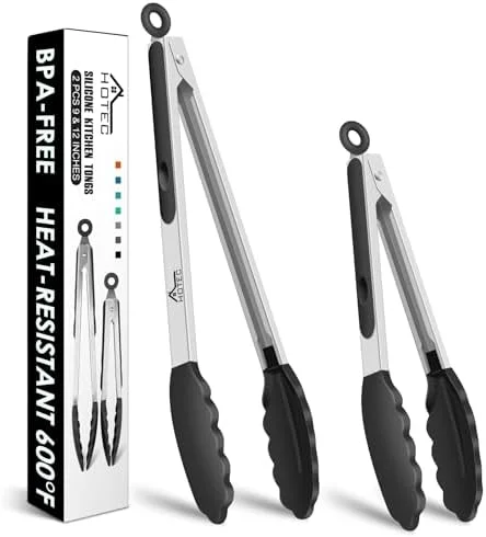 HOTEC Premium Stainless Steel Locking Kitchen Tongs with Silicon Tips - Set of 2-9" and 12"