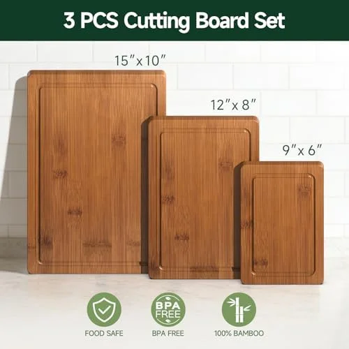 3-Piece Set Bamboo Cutting Board for Kitchen - Crack-Resistant Wood Chopping Boards with Deep Juice Grooves, Pre-Oiled Butcher Block for Meat