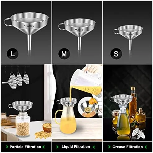 Stainless Steel Funnel, Walfos 3 Pack Kitchen Funnel with 2 Removable Strainer ＆ 1Pcs Cleaning Brush, Perfect for Transferring of Liquid, Oils, Jam