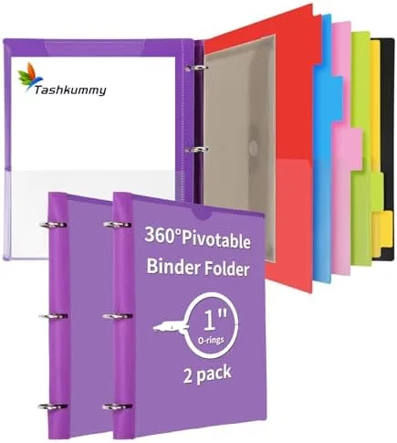 360° Pivotable Project Organizer Binder, 2 Pack Upgraded 3 Ring Binder with Colored Tab Dividers with Pockets, Customizable Cover Multi Pocket Folder