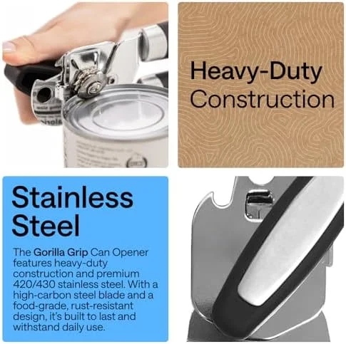 GORILLA GRIP Heavy Duty Stainless Steel Smooth Edge Manual Can Opener and Bottle Openers - US Designed, Comfortable Handle, Oversized Handheld Turn