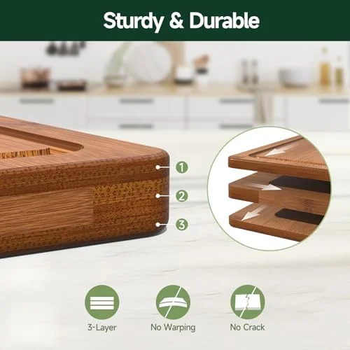 3-Piece Set Bamboo Cutting Board for Kitchen - Crack-Resistant Wood Chopping Boards with Deep Juice Grooves, Pre-Oiled Butcher Block for Meat