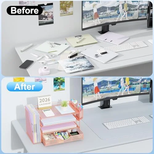 gianotter Desk Organizers and Accessories with File Holder, 4-Tier Desk Accessories & Workspace Organizers with Drawer and 2 Pen Holder, Paper