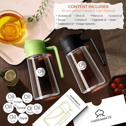 YARRAMATE 16oz/470ml Glass Olive Oil Sprayer for Cooking with Stickers, 2 in 1 Oil Dispenser for Kitchen Gadgets, Food Grade Premium Spray Bottle