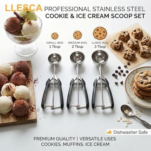 Cookie Scoop Set, 3Pcs Ice Cream Scoop, Cookie Scoops for Baking Set of 3, 18/8 Stainless Steel Cookie Scooper for Baking, Ice Cream Scooper with