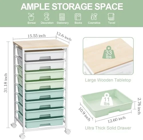 Rolling Storage Utility Cart Organizers with 8 Drawers and Wooden Tabletop for Living Room, Office, Classroom, Craft Room, Bedroom, Dorm, Green