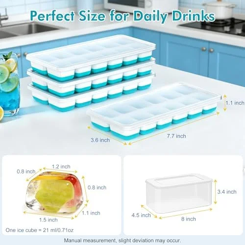 NFK Ice Cube Tray with Lid & Bin - 4 Pack 48 Cubes Stackable Silicone Trays for Freezer with Storage Container, Leak-Proof Lids, BPA-Free, Easy