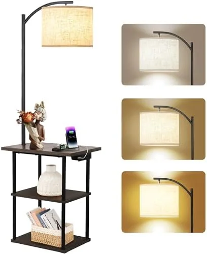 PESRAE Floor Lamp with Table, End Tables with Charging Station(USB & Type-C & AC Port), 3 Color Temperatures 9W LED Bulb, Modern Shelves Side Table