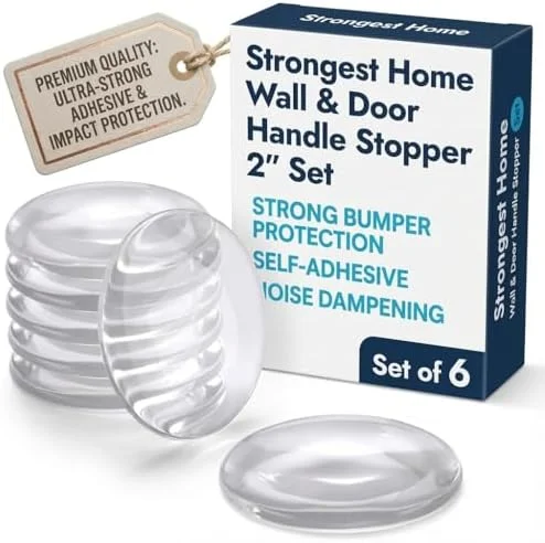 STRONGEST HOME Wall Protector for Door Knobs, 2-Inch - Clear Self-Adhesive Door Stopper Guards - Quiet Rubber Bumpers for Wall Protection, 6-Pack