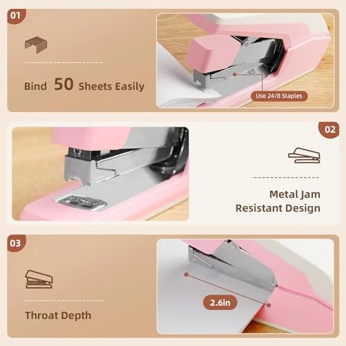 Deli Effortless Desktop Stapler - Heavy Duty Stapler, 40-50 Sheet Capacity, One Finger, No Effort, Includes 1500 Staples & Staple Remover, Pink