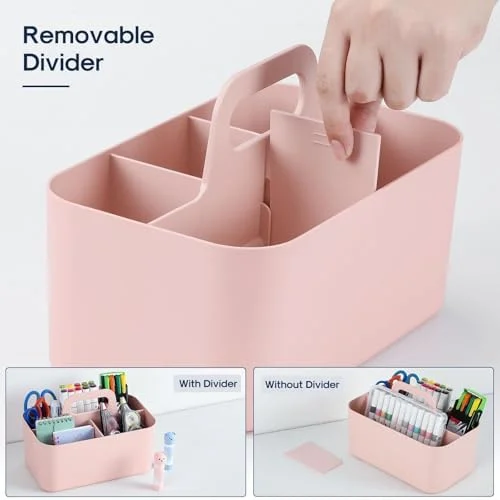 Multiuse Caddy Organizer with Handle - Portable Divided Plastic Tote Bin - Art Craft, Stationary Pen Marker Crayons, Makeup Hair Supplies Storage