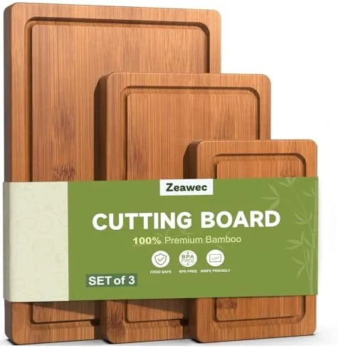 3-Piece Set Bamboo Cutting Board for Kitchen - Crack-Resistant Wood Chopping Boards with Deep Juice Grooves, Pre-Oiled Butcher Block for Meat