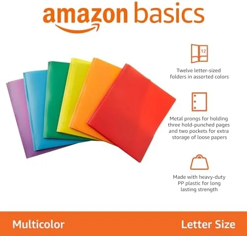 Amazon Basics Heavy Duty Plastic Folders with 2 Pockets for Documents - Letter Size Paper, School Supplies Organization, Assorted Colors, Pack of 12