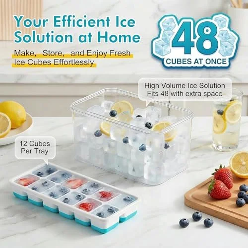 NFK Ice Cube Tray with Lid & Bin - 4 Pack 48 Cubes Stackable Silicone Trays for Freezer with Storage Container, Leak-Proof Lids, BPA-Free, Easy