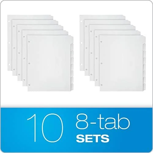 Oxford Binder Dividers for 3 Ring Binders, 10 Pack, 8-Tab Dividers, Write On Tabs, White Paper, 80 Total