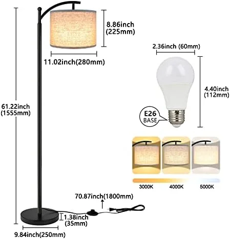 ROTTOGOON Floor Lamp for Living Room with 3 Color Temperatures LED Bulb - Standing Lamp Tall Industrial Floor Lamp Reading for Bedroom, Office (9W LED