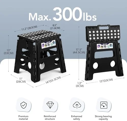 Delxo Folding Step Stool, 13 inch Non-Slip Foldable Stools Up to 300 LBS, Step Stool with Handle, Lightweight for Kitchen, Bathroom, Bedroom, Garden