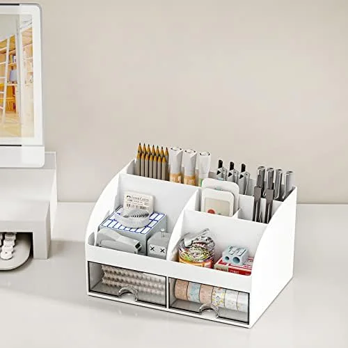COMFYROOM Desk Organizer with 6 Compartments and 2 Drawers, Plastic Makeup Organizer, Pen Holder for Desktop Storage, Desk Organization for School