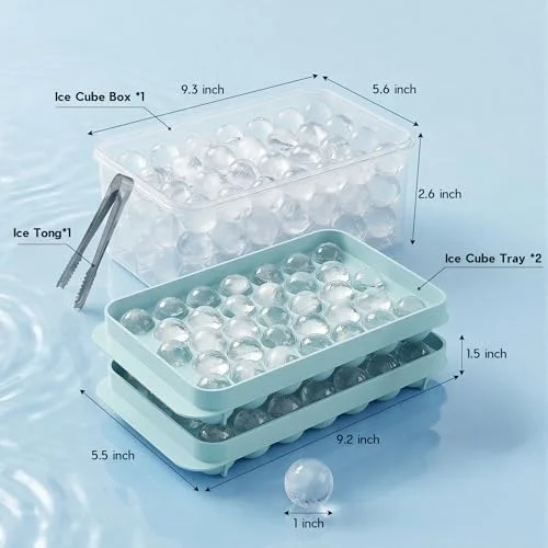 WIBIMEN Ice Cube Tray with Lid and Bin - Round Ice Trays for Freezer with Lid - Ice Cube Trays for Freezer with Ice Container (1"-2PACK Blue)
