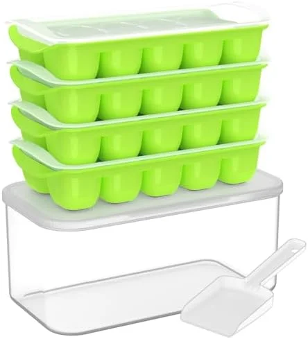 DOQAUS Ice Cube Tray with Lid and Bin - 4 Pack Ice Bucket Kits - Stackable Silicone Ice Trays for Freezer, Easy Pop Out, BPA Free for Cocktail