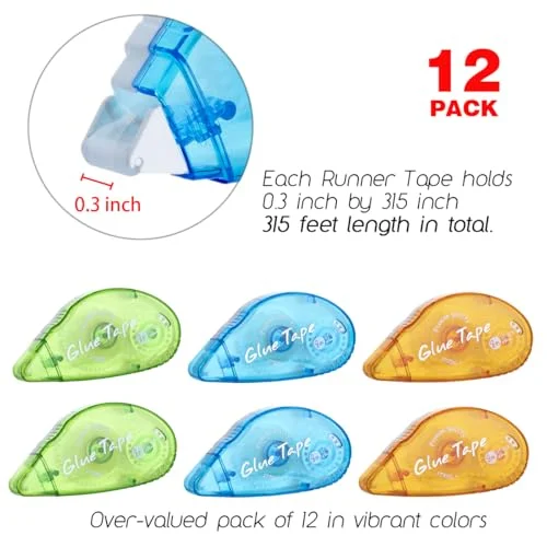 12 Pack Double Sided Tape Roller - Scrapbooking Tape, Permanent Adhesive Tape Dispenser Runner for Crafts and Arts Projects, Photo-Safe