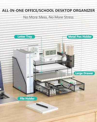 WALI Desk File Organizer, 4 Tier Desktop Paper Letter Tray Organizer with Drawer and 2 Pen Holders, Office Desk Accessories & Workspace Organizers