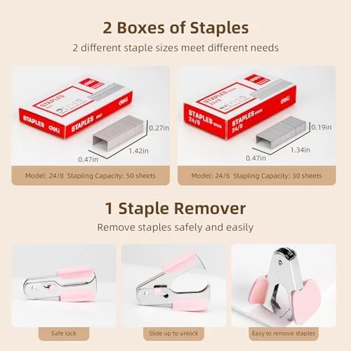 Deli Effortless Desktop Stapler - Heavy Duty Stapler, 40-50 Sheet Capacity, One Finger, No Effort, Includes 1500 Staples & Staple Remover, Pink