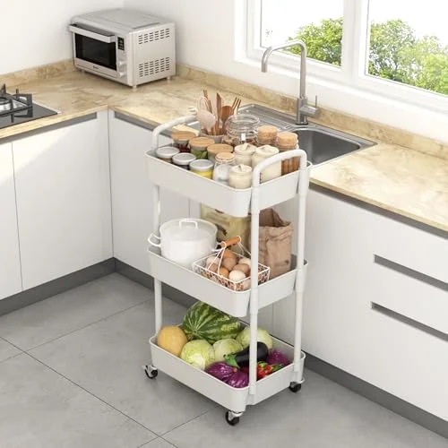 Sywhitta 3-Tier Plastic Rolling Utility Cart with Handle - Multi-Functional Storage Trolley for Office, Living Room, Kitchen, Movable Storage