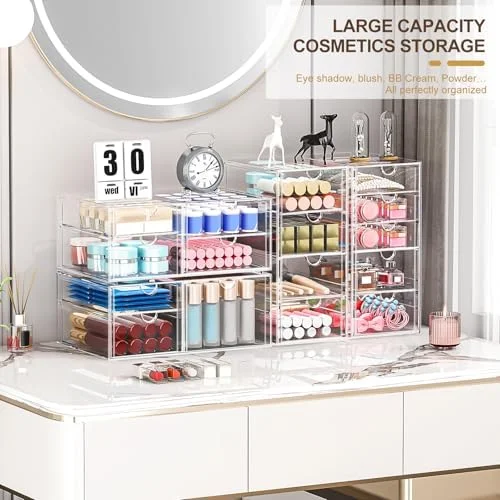 caktraie Makeup Organizer Storage With 16 Drawers - 4 Pcs Desktop Office Supplies, Desk Organizers, Clear Accessories, Dustproof Storage Drawer and