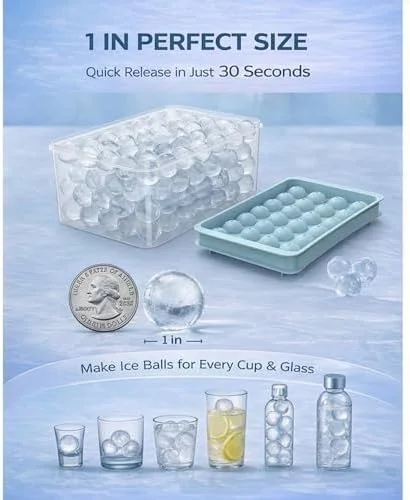 WIBIMEN Ice Cube Tray with Lid and Bin - Round Ice Trays for Freezer with Lid - Ice Cube Trays for Freezer with Ice Container (1"-2PACK Blue)