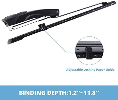 Long Reach Stapler, with 2000 Staples & Stapler Remover Full Strip，20-25 Sheet Capacity, with Built-in Ruler and Adjustable Locking Paper Guide, Black