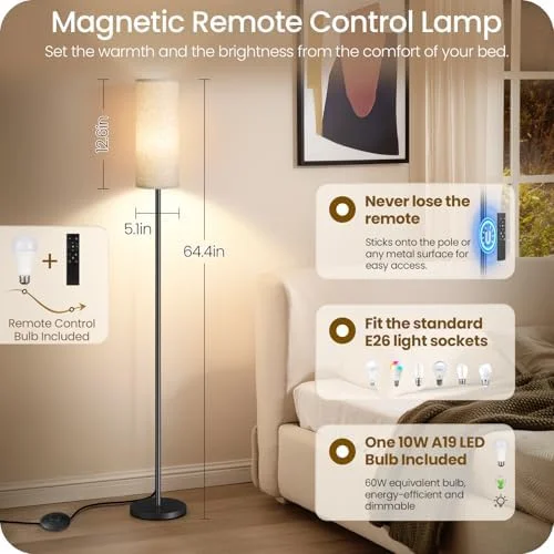 64.4” Dimmable Floor Lamp for Living Room with Remote and Foot Switch - Modern Standing Tall Lamp, Corner Floor Lamp for Bedroom, 10W 900LM LED Bulb
