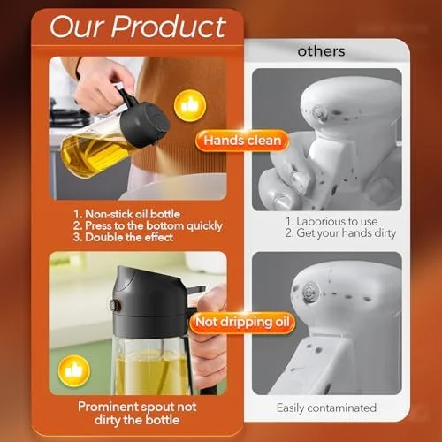 YARRAMATE 16oz/470ml Glass Olive Oil Sprayer for Cooking with Stickers, 2 in 1 Oil Dispenser for Kitchen Gadgets, Food Grade Premium Spray Bottle