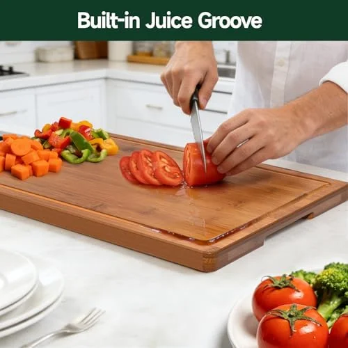 3-Piece Set Bamboo Cutting Board for Kitchen - Crack-Resistant Wood Chopping Boards with Deep Juice Grooves, Pre-Oiled Butcher Block for Meat