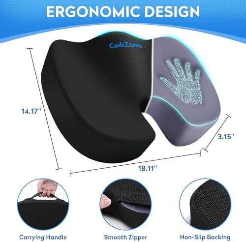 CushZone Seat Cushion - Memory Foam Office Chair Cushion for Sciatica - Tailbone & Back Pain Relief - Orthopedic Coccyx Pillow for Car, Airplane