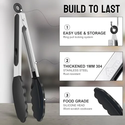 HOTEC Premium Stainless Steel Locking Kitchen Tongs with Silicon Tips - Set of 2-9" and 12"
