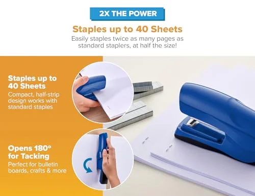 Bostitch Office Heavy Duty 40 Sheet Stapler with 1250 Staples & Claw Remover, Small Stapler Size, Fits into The Palm of Your Hand, Value Pack, Blue