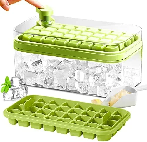 Ice Cube Tray with Lid and Bin - 2 Pack Ice Cube Trays for Freezer, 64 Pcs Ice Cube Mold, Press Button Easy Release Ice Tray, Small Ice Cubes Maker