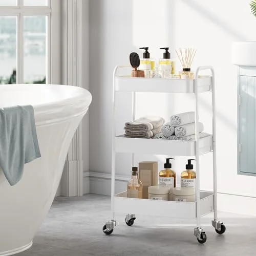 TOOLF 3-Tier Rolling Cart - Metal Utility Storage Organizer with Lockable Wheels, 33 lbs Per Shelf, Tool-Free 5-Min Assembly, for Kitchen Bathroom