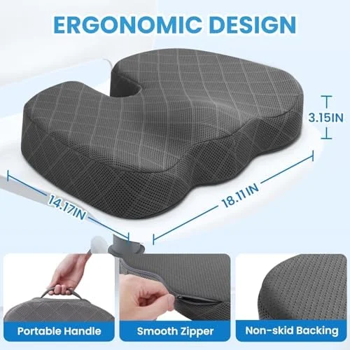 TushGuard Seat Cushion - Memory Foam Cushion for Office Chair - Car Seat, Airplane, Bleacher - Sciatica & Hip & Coccyx Pain Relief Desk Chair Cushion