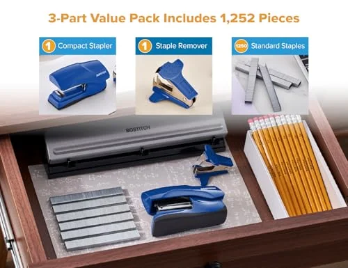 Bostitch Office Heavy Duty 40 Sheet Stapler with 1250 Staples & Claw Remover, Small Stapler Size, Fits into The Palm of Your Hand, Value Pack, Blue