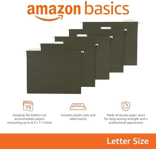 Amazon Basics Hanging File Folders for Documents, Letter Size, 1/5-Cut Adjustable Tabs, Standard Green, 75 Count per Box