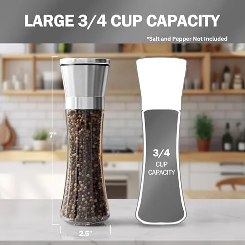 Home EC Premium Stainless Steel Sea Salt and Pepper Grinder Set of 2 - Adjustable Ceramic - Tall Glass Salt and Pepper Shakers - Kitchen Spice Mill